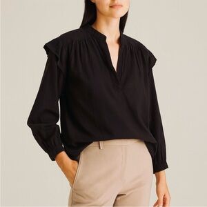 XiRENA Aria Black 100% Cotton Ruffle Split V-neck Popover Top/Blouse Size Small